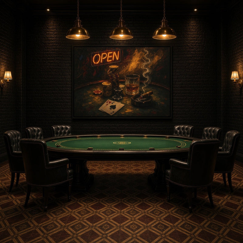 Poker night canvas with OPEN sign, poker chips, whiskey glass, cigar, and a spade playing card