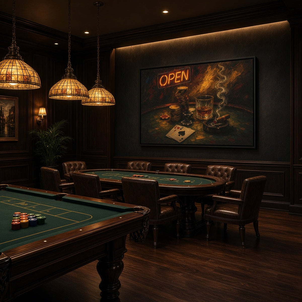 Poker canvas artwork showing a glowing OPEN sign, stacked chips, whiskey glass, and playing card