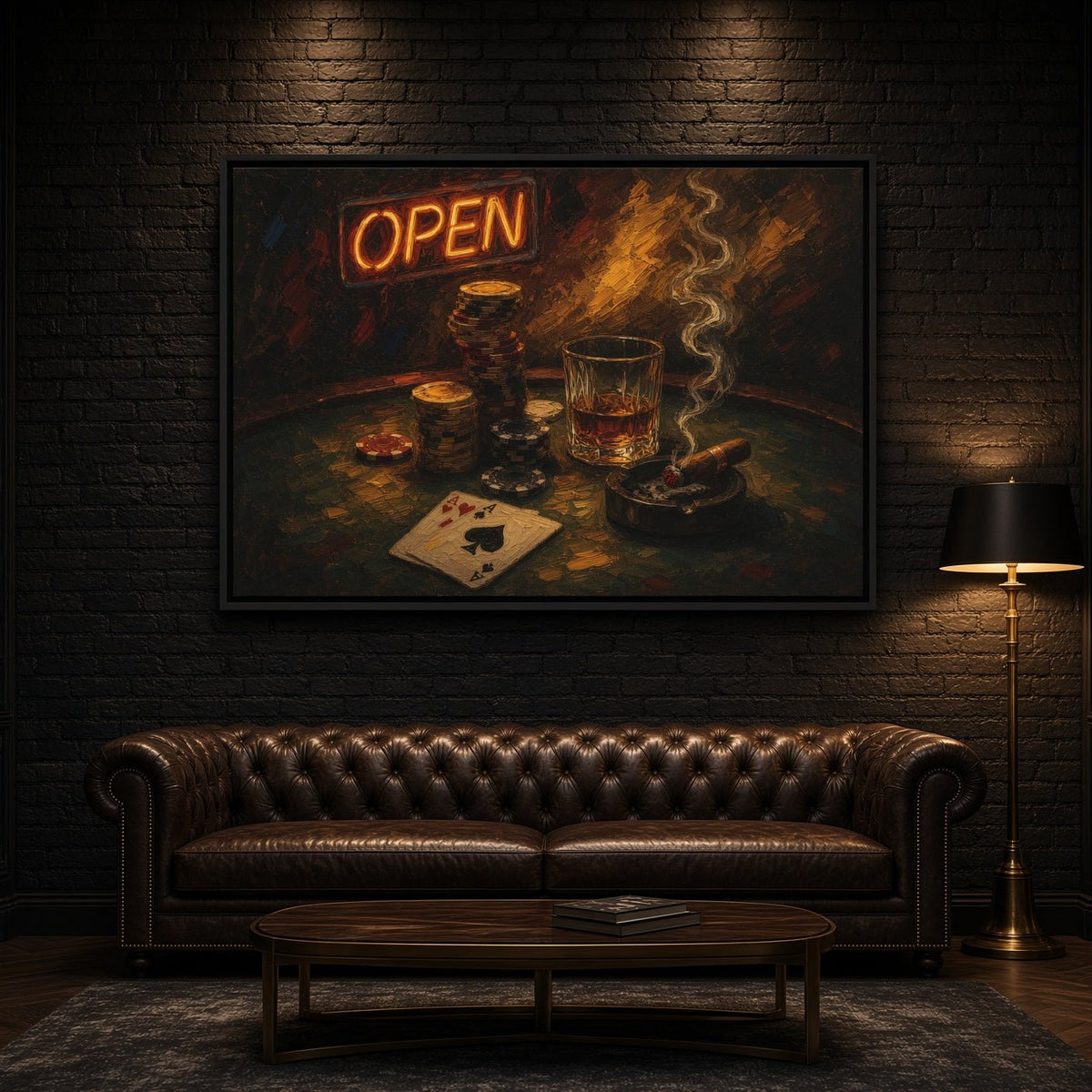 Framed poker artwork with glowing OPEN lettering, chips, whiskey, a cigar, and playing card