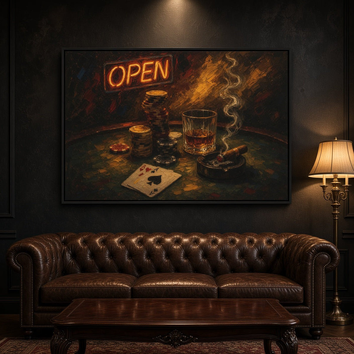 Framed poker night canvas featuring an OPEN sign, poker chips, whiskey, cigar, and playing card