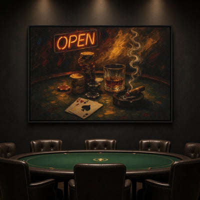 Poker night canvas with glowing OPEN sign, poker chips, whiskey glass, smoking cigar, and playing card