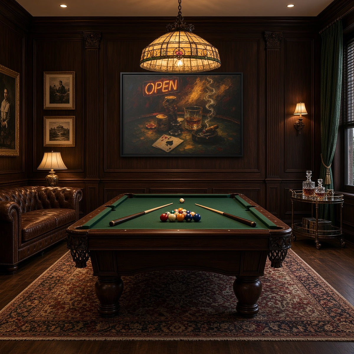 Framed poker canvas wall art with glowing 'OPEN' above glass, chips, and playing cards