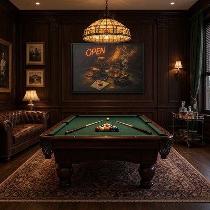 Framed poker canvas wall art with glowing 'OPEN' above glass, chips, and playing cards