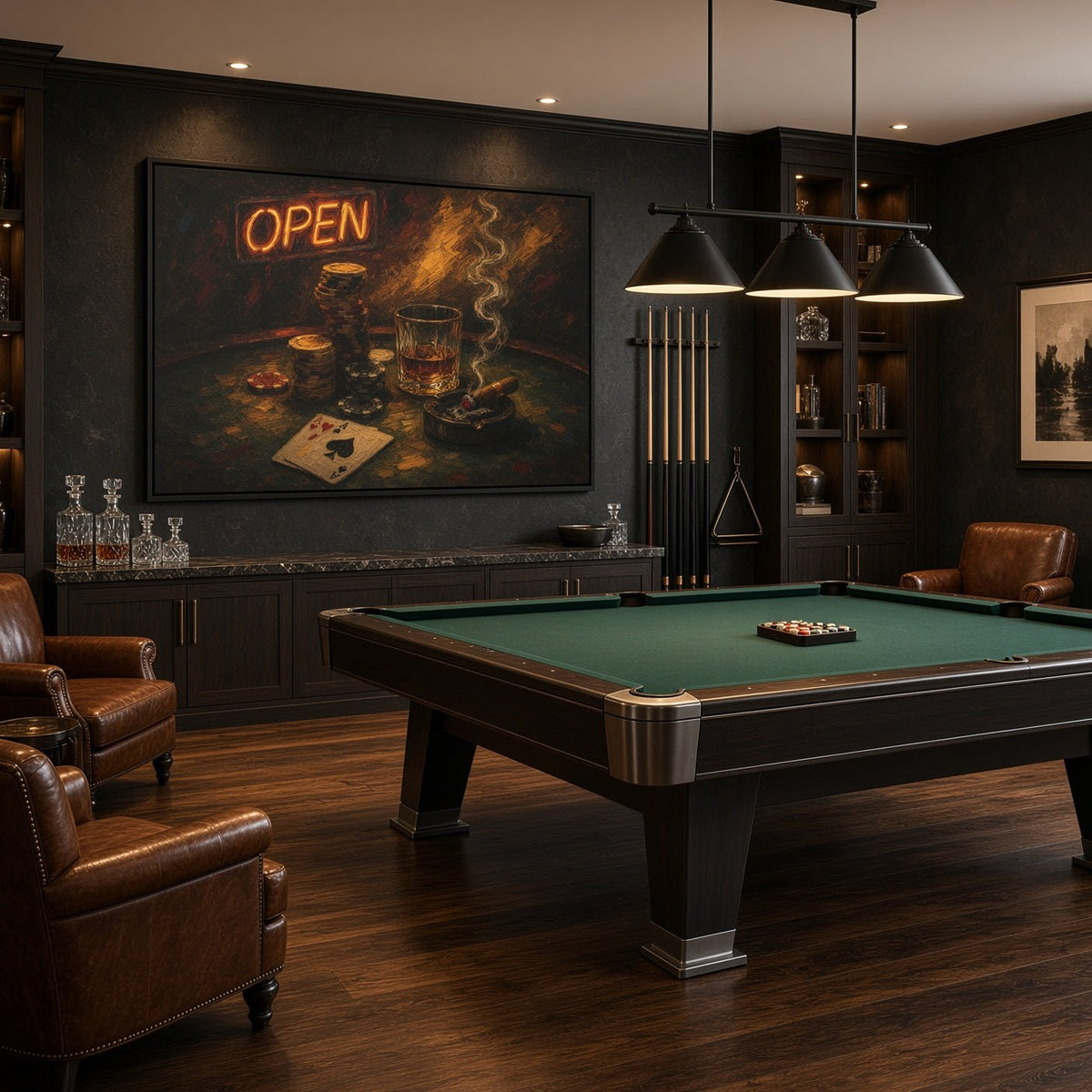 Framed poker canvas wall art with glowing 'OPEN' and visible chips, glass, and playing cards