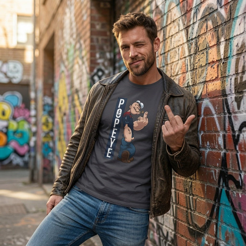 Men's dark gray Popeye cartoon T-shirt with vertical logo graphic
