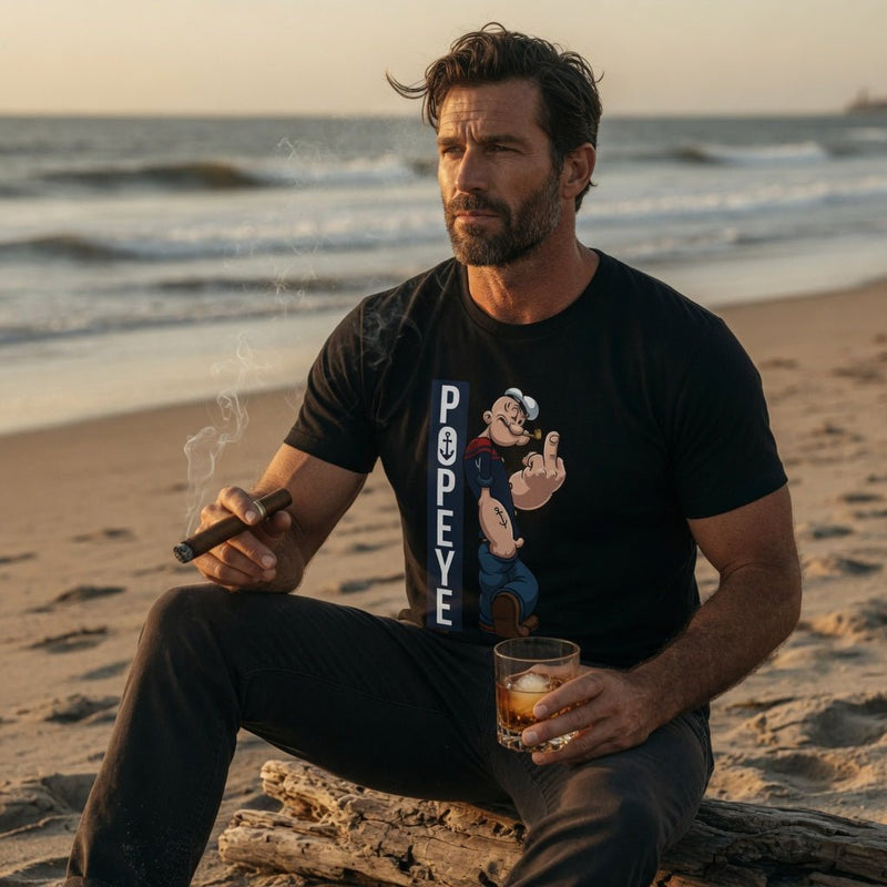Men's dark T-shirt with Popeye cartoon graphic, short sleeves