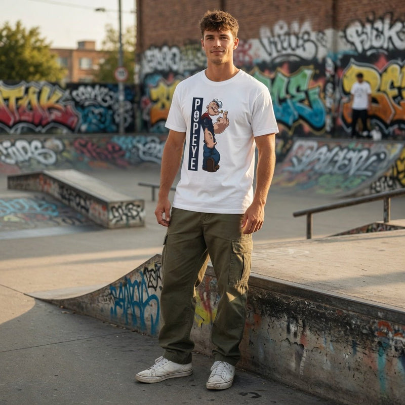 Men's white cartoon T-shirt with vertical Popeye graphic on front