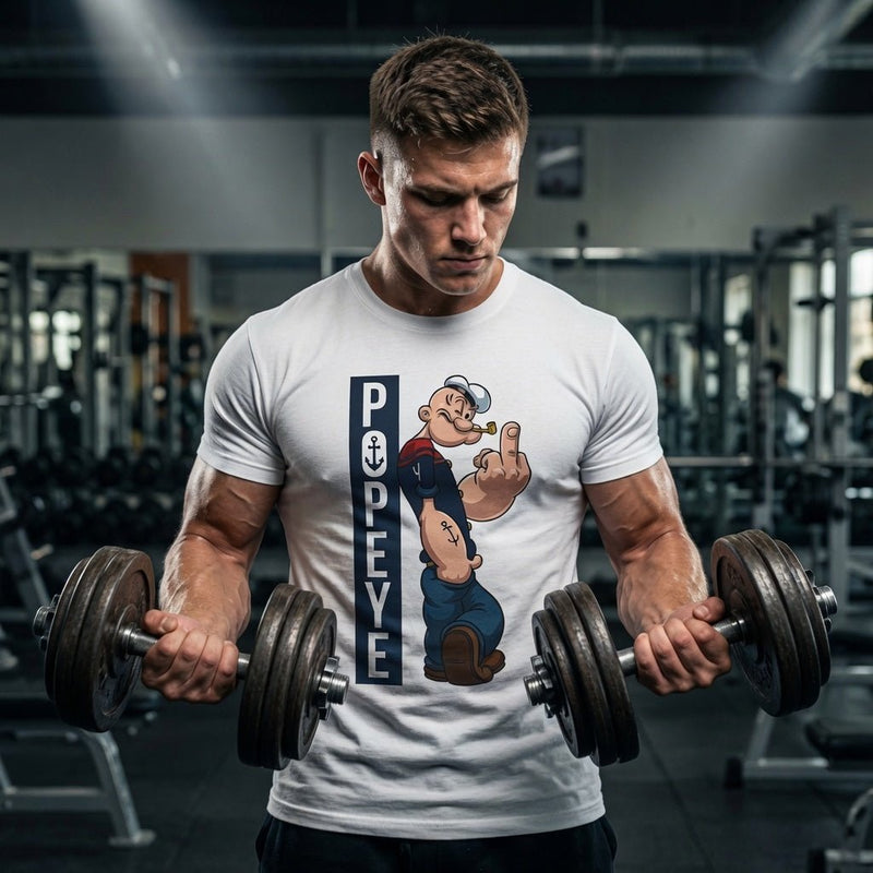 White graphic cartoon T-shirt with vertical sailor-themed print worn by a man holding dumbbells