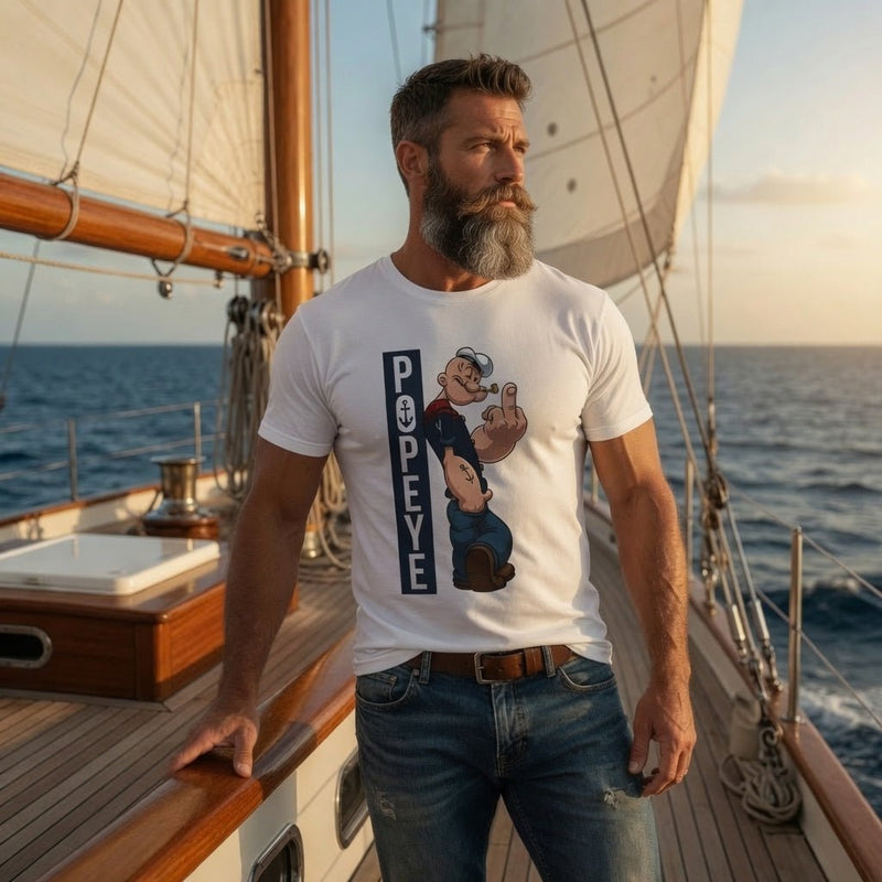 Men's white cartoon T-shirt with Popeye graphic print at center