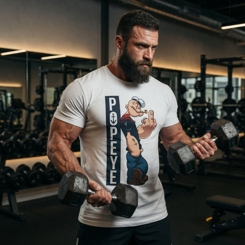 Men's white Popeye cartoon graphic T-shirt, short sleeves
