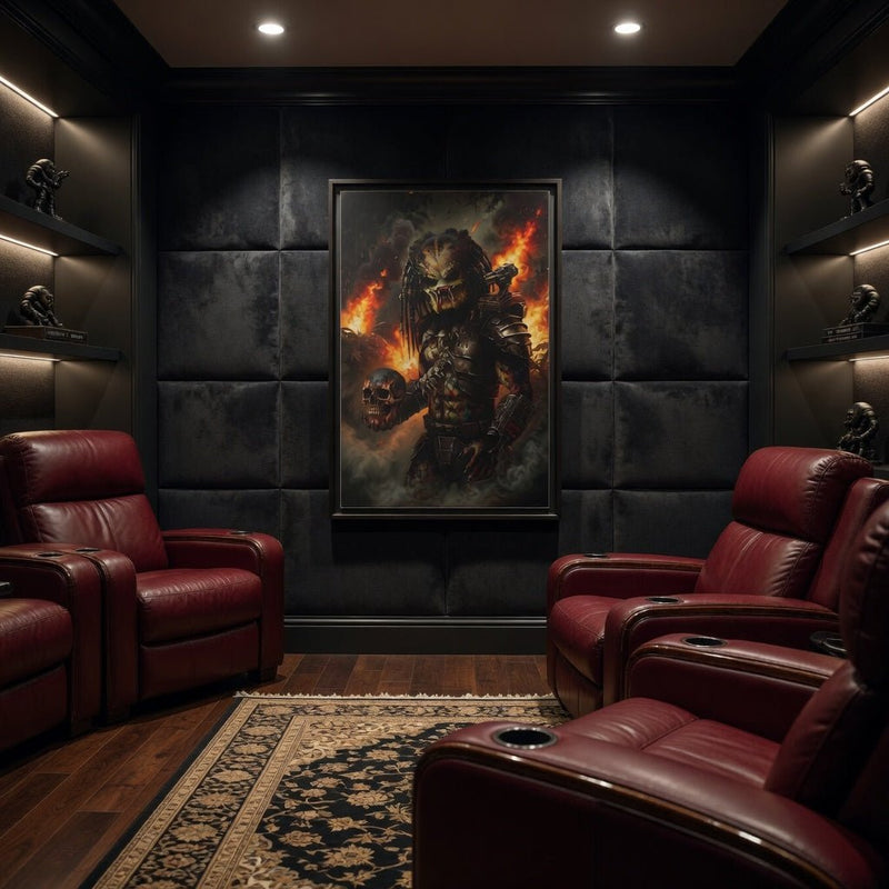 Black framed canvas featuring predator-like warrior artwork with flames and skulls.