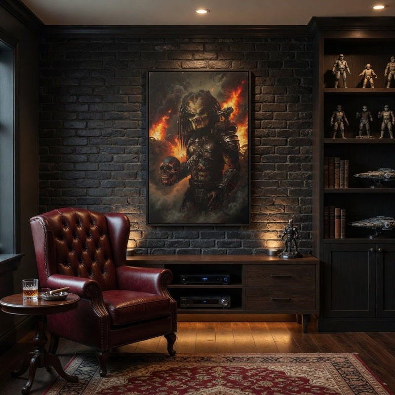 Black framed canvas featuring armored predator-like figure with fire and skull imagery.