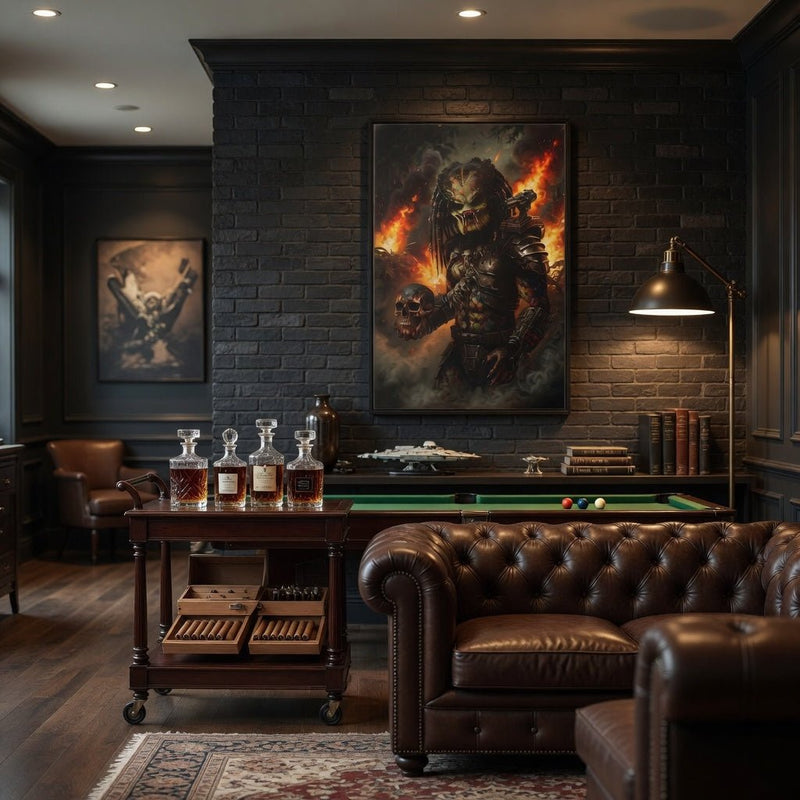 Framed canvas wall art with a dark warrior and fiery details in a black frame