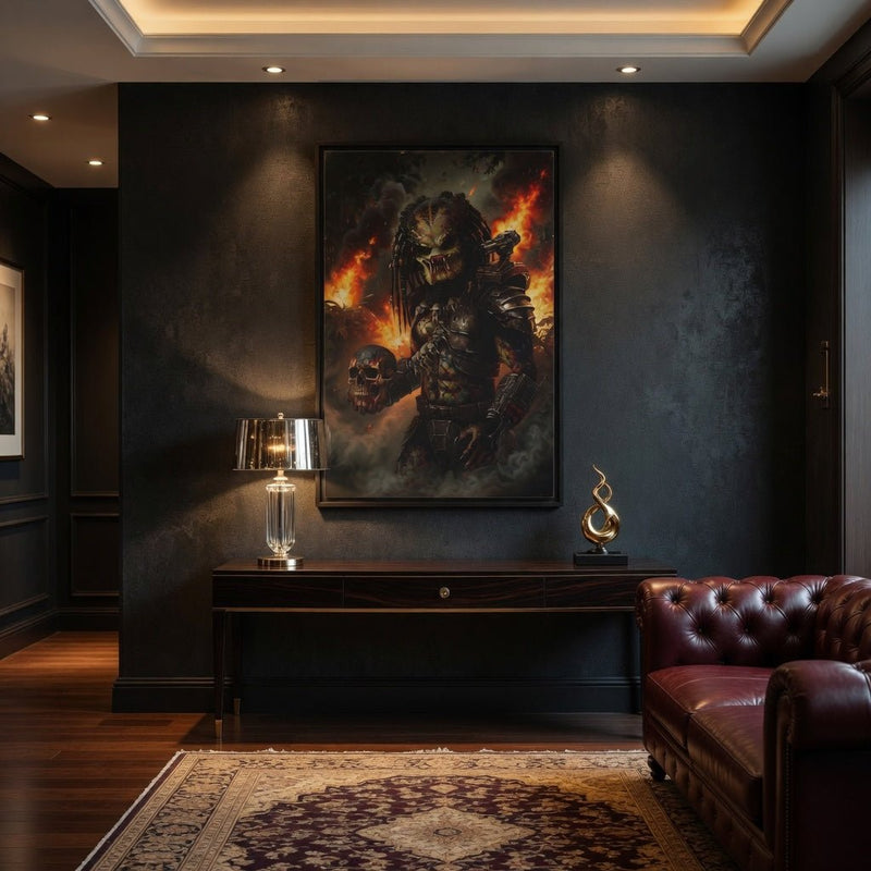 Framed canvas wall art with a dark hunter figure and burning flames, set in black frame