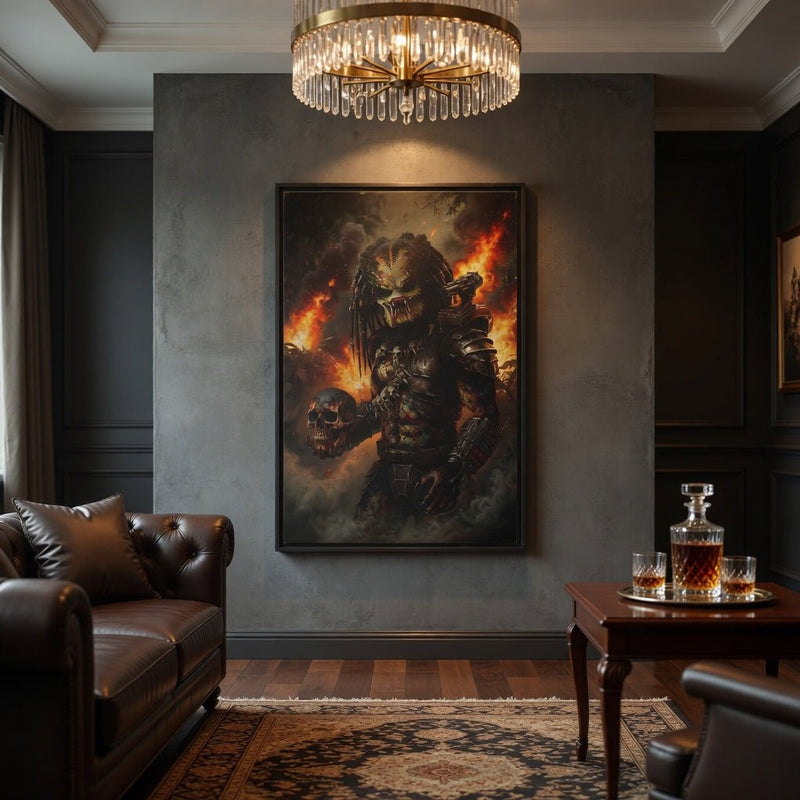 Black framed canvas with predator-like warrior art showing flames, smoke, and a skull.