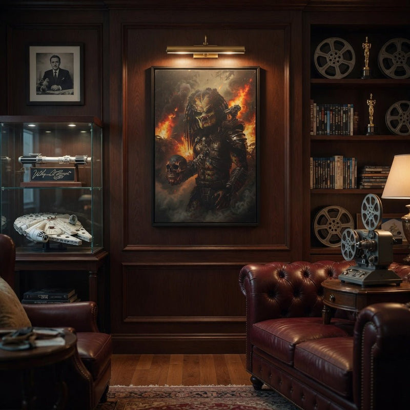 Black framed canvas featuring a predator-like warrior graphic with fire and skull.