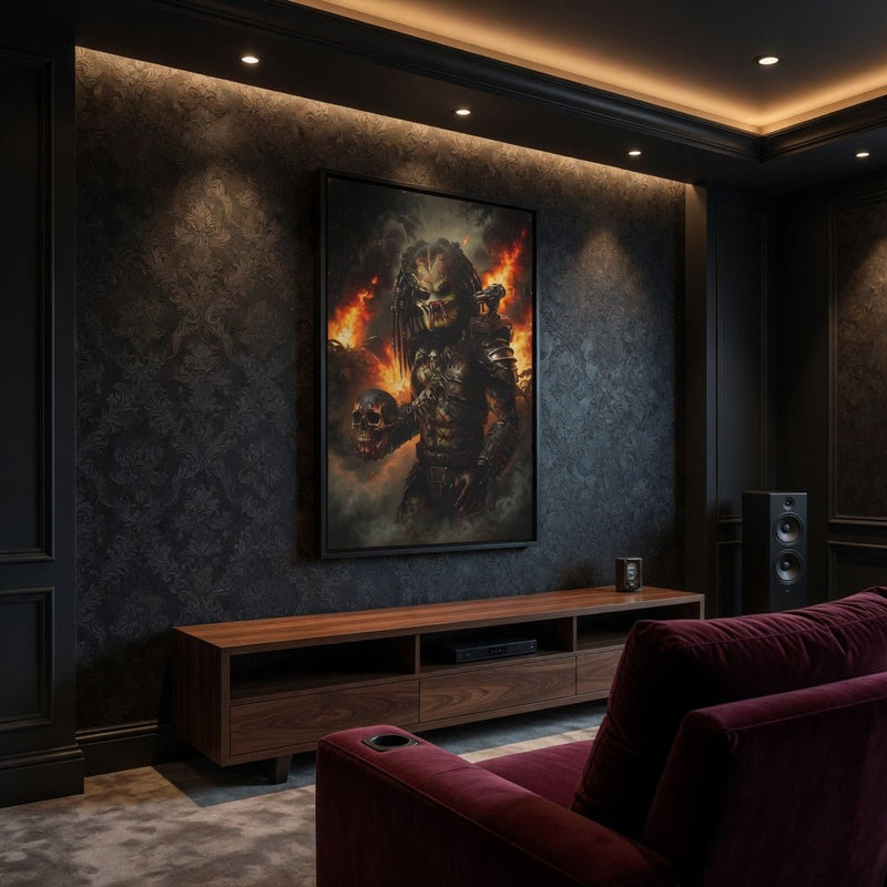 Black framed canvas with centered predator-like warrior artwork amid flames and smoke.