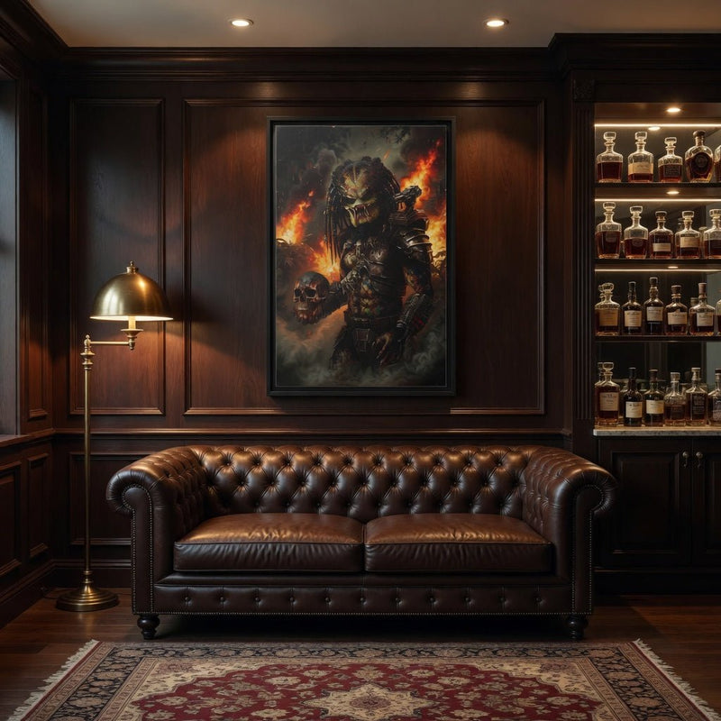 Framed canvas wall art showing a dark warrior with glowing fire, in a black frame