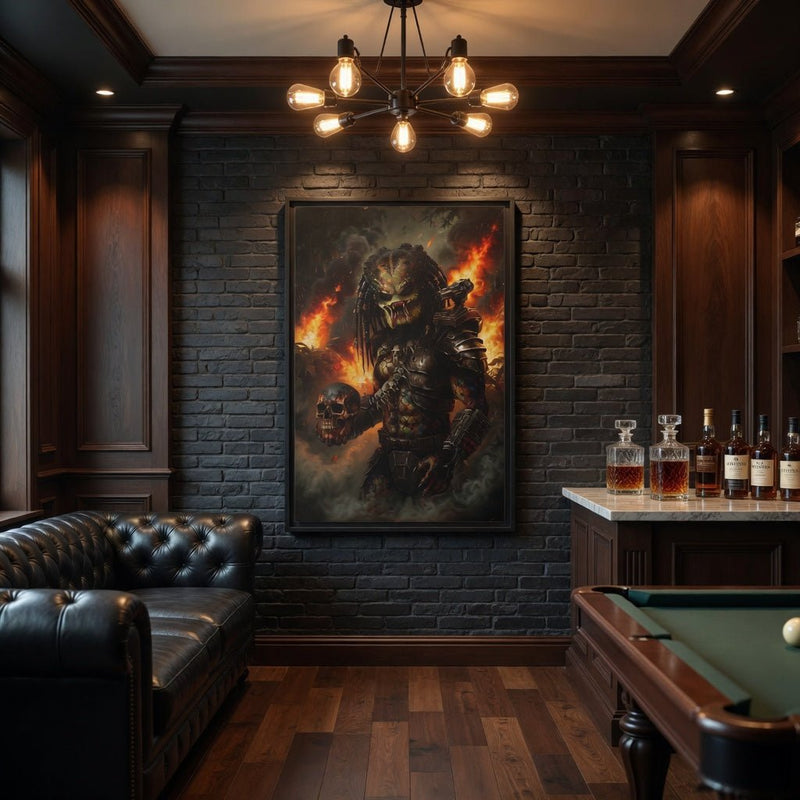 Framed canvas wall art with a dark creature wielding flame effects, black frame