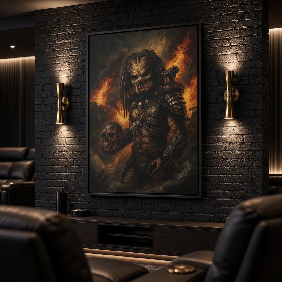 Predator framed canvas wall art with warrior, skull, and fiery orange flames artwork