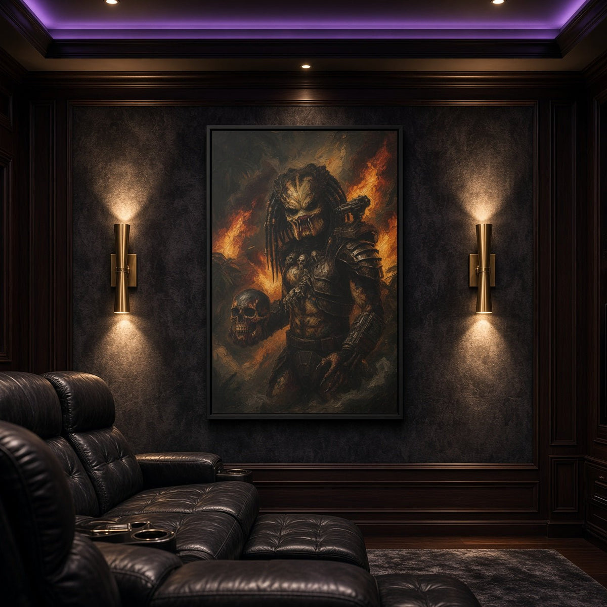 Predator framed canvas wall art centered on wall, featuring skulls and orange fire scene