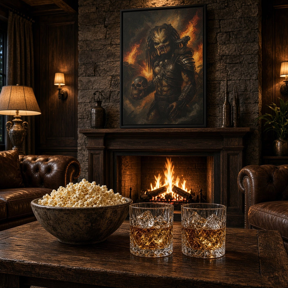Predator framed canvas wall art with warrior, skull, and orange flame illustration