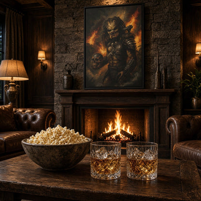 Predator framed canvas wall art with warrior, skull, and orange flame illustration