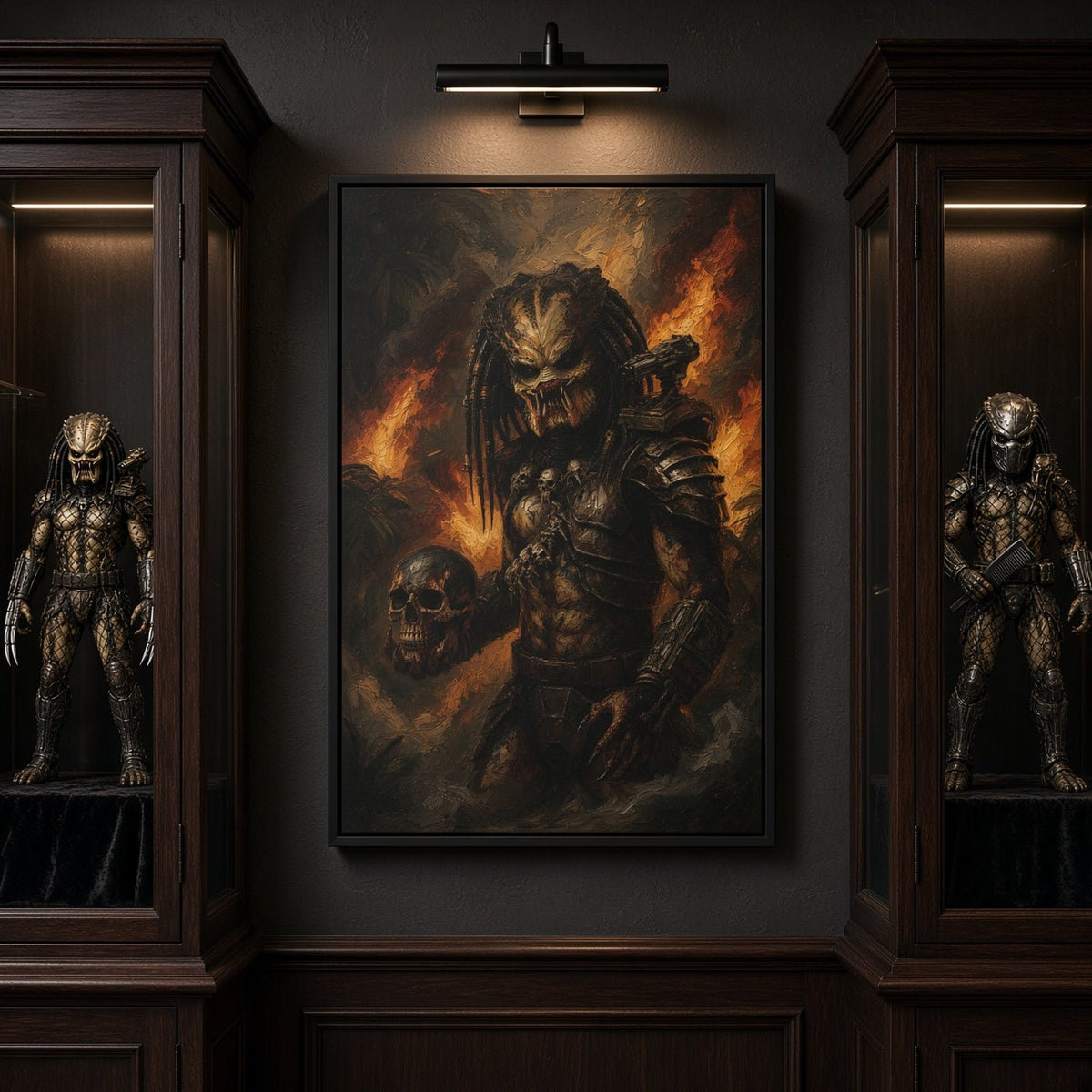 Black framed canvas wall art featuring a dark predator figure with glowing flames