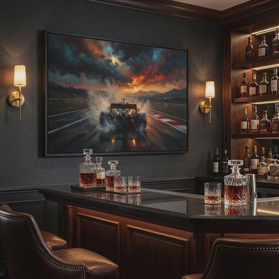 motorsport wall art for man. Epic race car speeding on wet track at fiery sunset