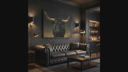 Majestic Black Longhorn Bull Wall Art : Framed Matte Canvas:
