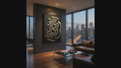 Gold Bitcoin Symbol Matte Framed Canvas — Crypto Wall Art for Office & Home