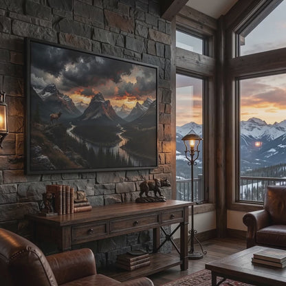 Elk Ridge - Moody Mountain Sunset Landscape | Framed Matte Canvas