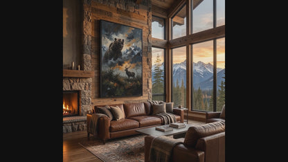 Roaring Bear & Stag Matte Framed Canvas - Wilderness Wall Art