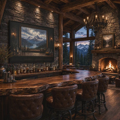 Mountain Lodge Bar – Window View Framed Canvas