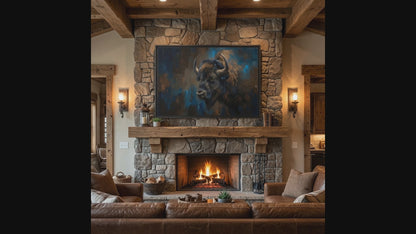 Framed Bison Canvas Art — Rustic Blue & Brown Wildlife Wall Decor
