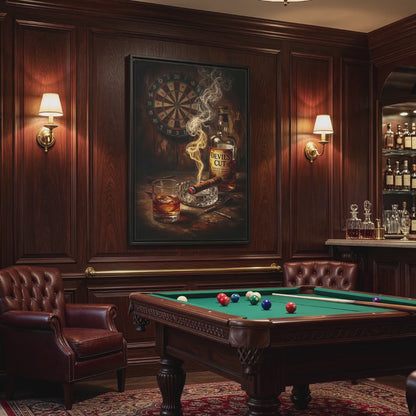Whiskey & Cigar Framed Canvas Art — Rustic Barroom Dartboard Print