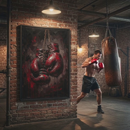 Framed Boxing Gloves Canvas Print — Gritty Blood & Leather Sports Wall Art