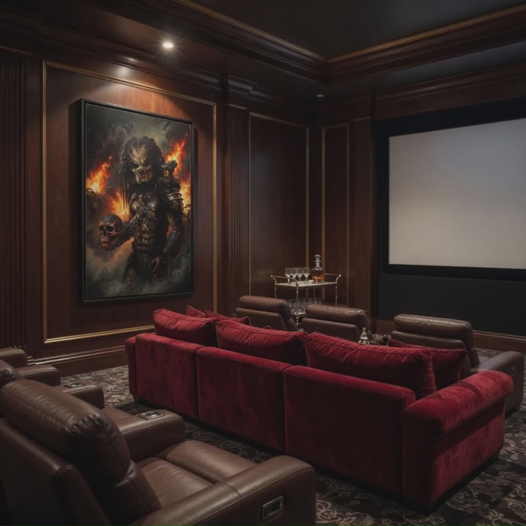 predator movie inspired framed canvas in a home theater setting 
