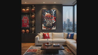 Basketball Hoop Splash Art Matte Canvas Frame | Sports Wall Art