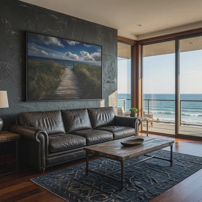Framed Ocean View Matte Canvas — Boardwalk to Ocean Seascape