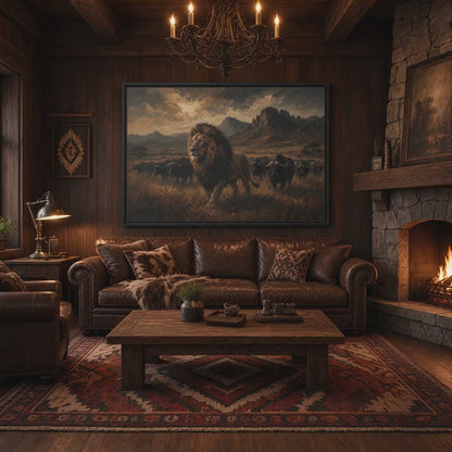 King of the Savanna | Lion & Buffalo Framed Canvas