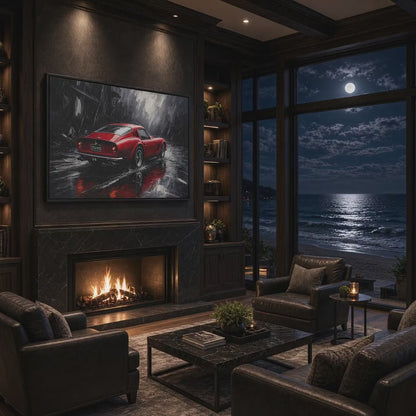 Red GT in the Rain | Vintage Coupe Framed Canvas