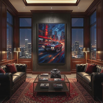 Framed Matte Canvas – Retro Muscle Car City Night Print