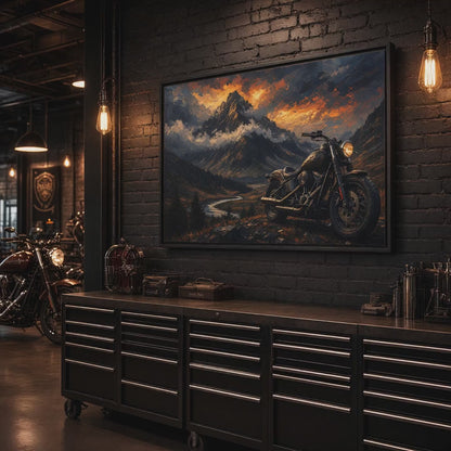 Mountain Highway Rider | Framed Matte Canvas Motorcycle Landscape Art