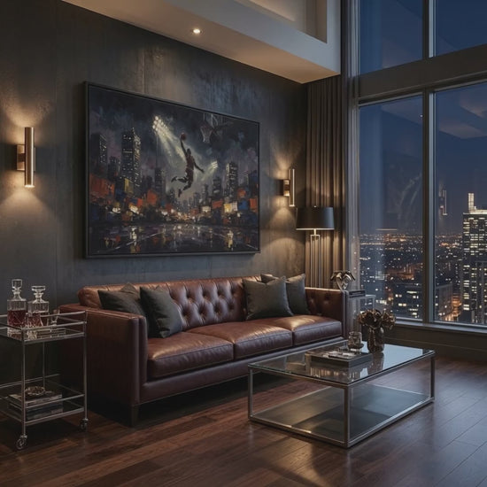 jordan inspired epic city scape dunk framed canvas on a high rise wall 