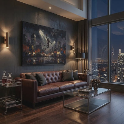 jordan inspired epic city scape dunk framed canvas on a high rise wall 