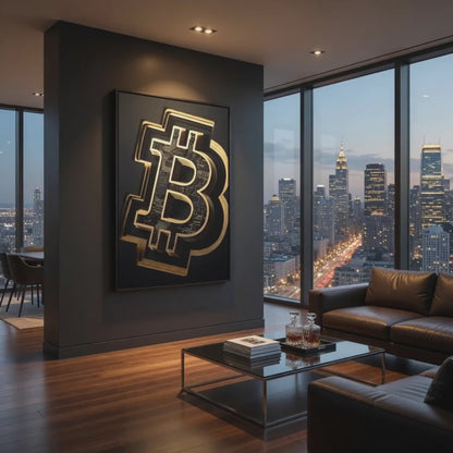 Gold Bitcoin Symbol Matte Framed Canvas - Crypto Wall Art