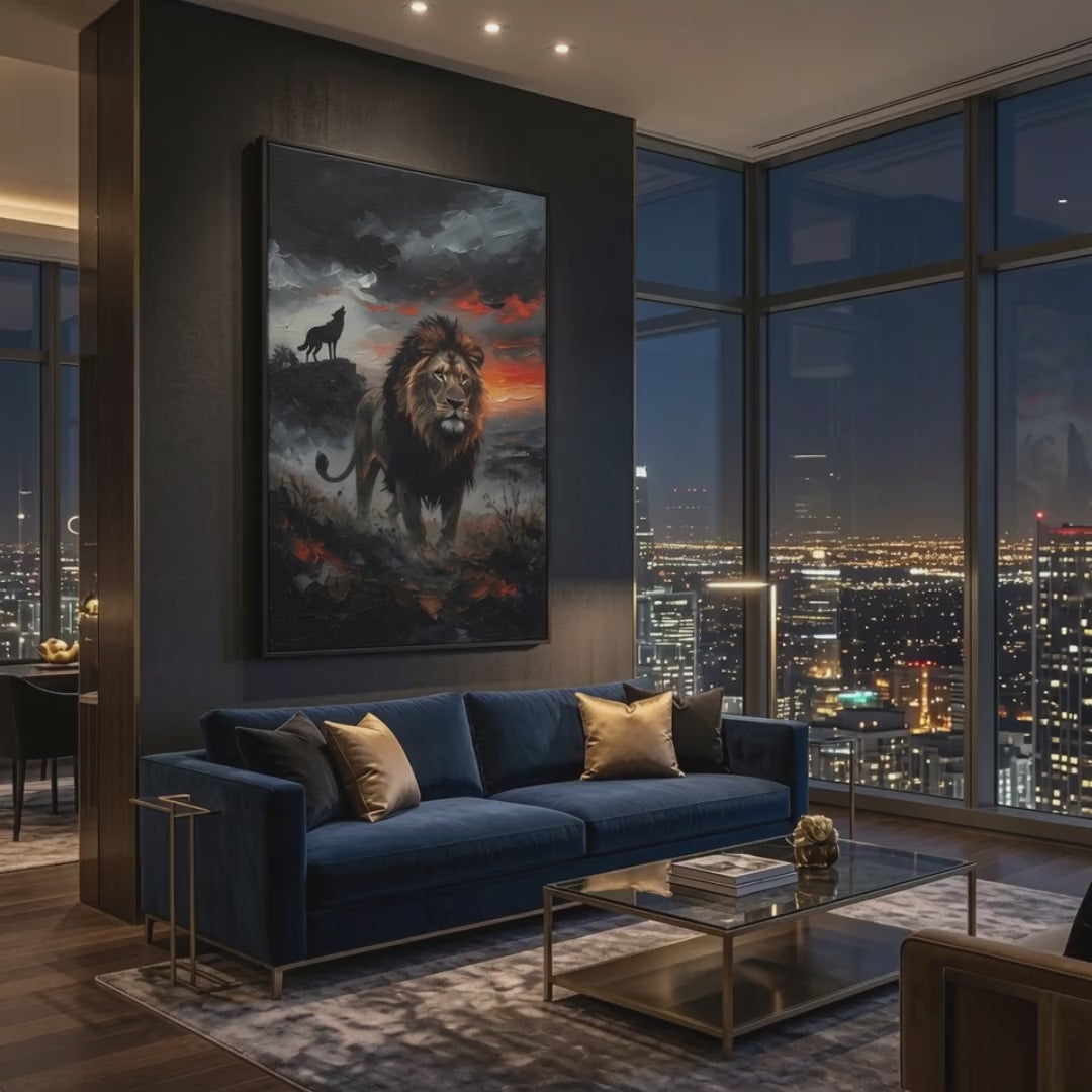  lion stepping forward against a brooding sky while a lone wolf framed canvas 