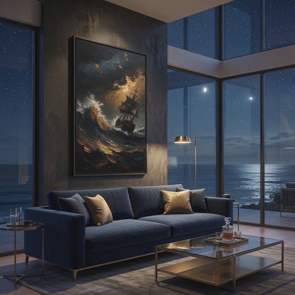  sailing ship battling a raging storm with towering waves framed canvas 