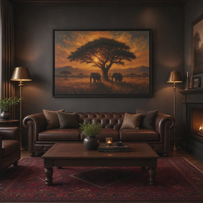 Savanna Giants | Elephant Sunset Framed Canvas
